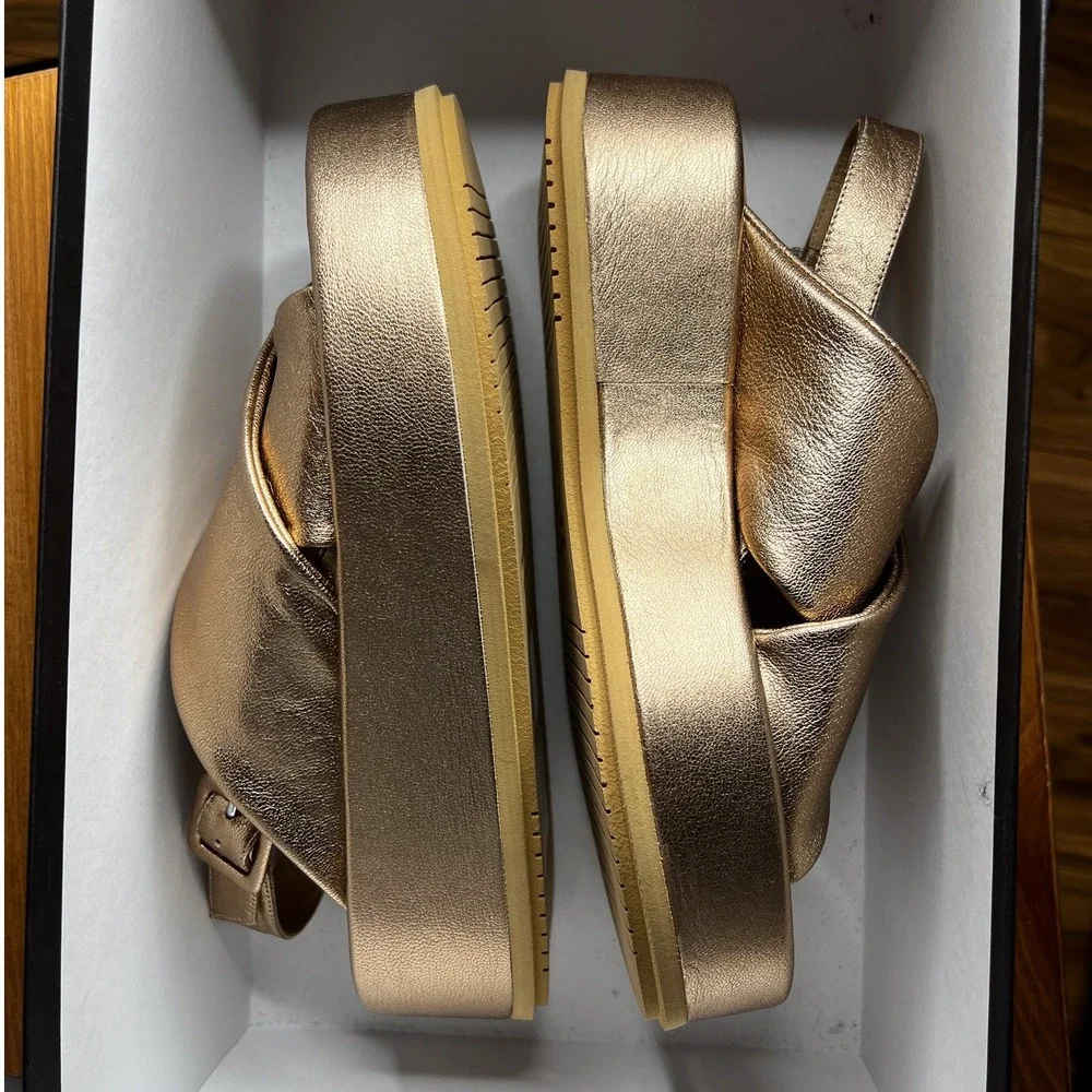 Paloma Barcelo Free People Sima Slingback Sandal Gold Leather Flatform Size 7.5 - Picture 4 of 13